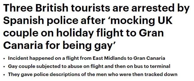在飞机上嘲笑别人是同性恋，3名英国人被警方抓捕