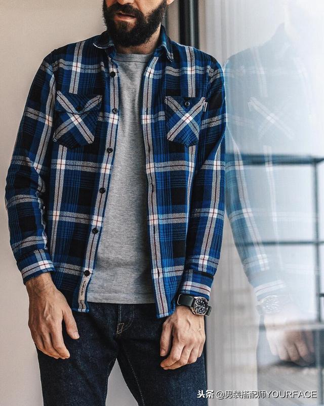 格子衬衫+牛仔裤+工装鞋+复古袜子，这样的工装搭配百看不厌